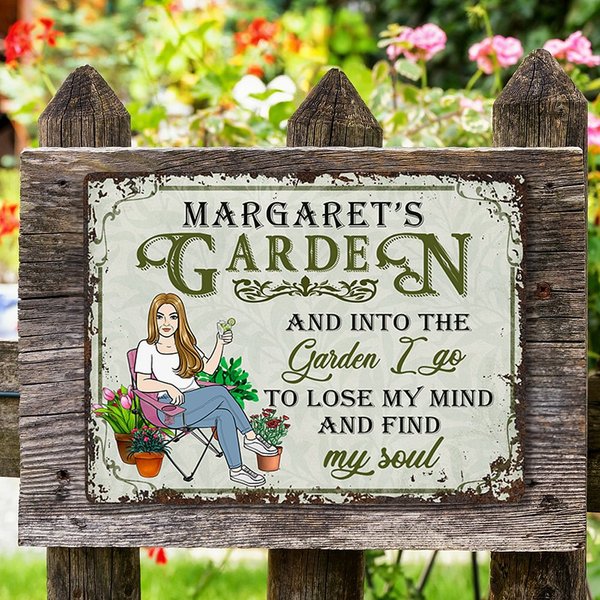 Personalized Retro Garden Cartoon Character Metal Sign with Name Garden Decor Housewarming Birthday Gift for Grandma Mom Gardening Lover