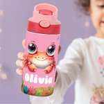 Botella de agua para niños de acero inoxidable con aislamiento, asa y pajita de silicona Personalizada con el nombre de animales del océano de dibujos animados 12 oz Regalo de vuelta al cole para niño