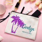 Personalised Palm Linen Makeup Bag with Name Text and Wrist Strap Birthday Travel Beach Party Gift for Women Bridesmaids