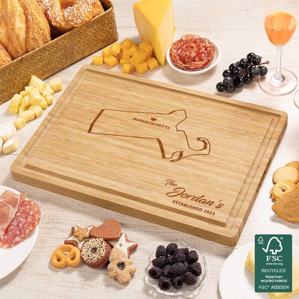 Personalized Engraved State Map Silhouette Heart Cutting Board with Juice Groove Ship from USA Long Distance Gift for Family Couple