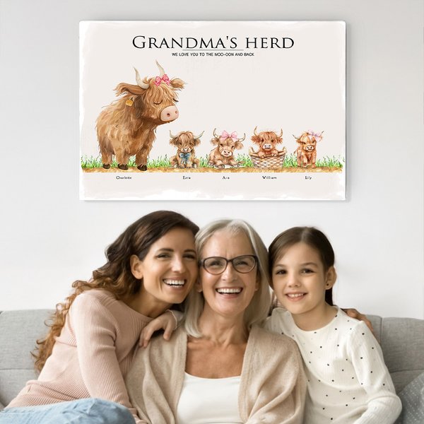 Personalized Highland Cow Family Poster Frameless Framed Painting with 2-17 Names Home Decor Birthday Mother's Day Father's Day Gift for Mom Dad