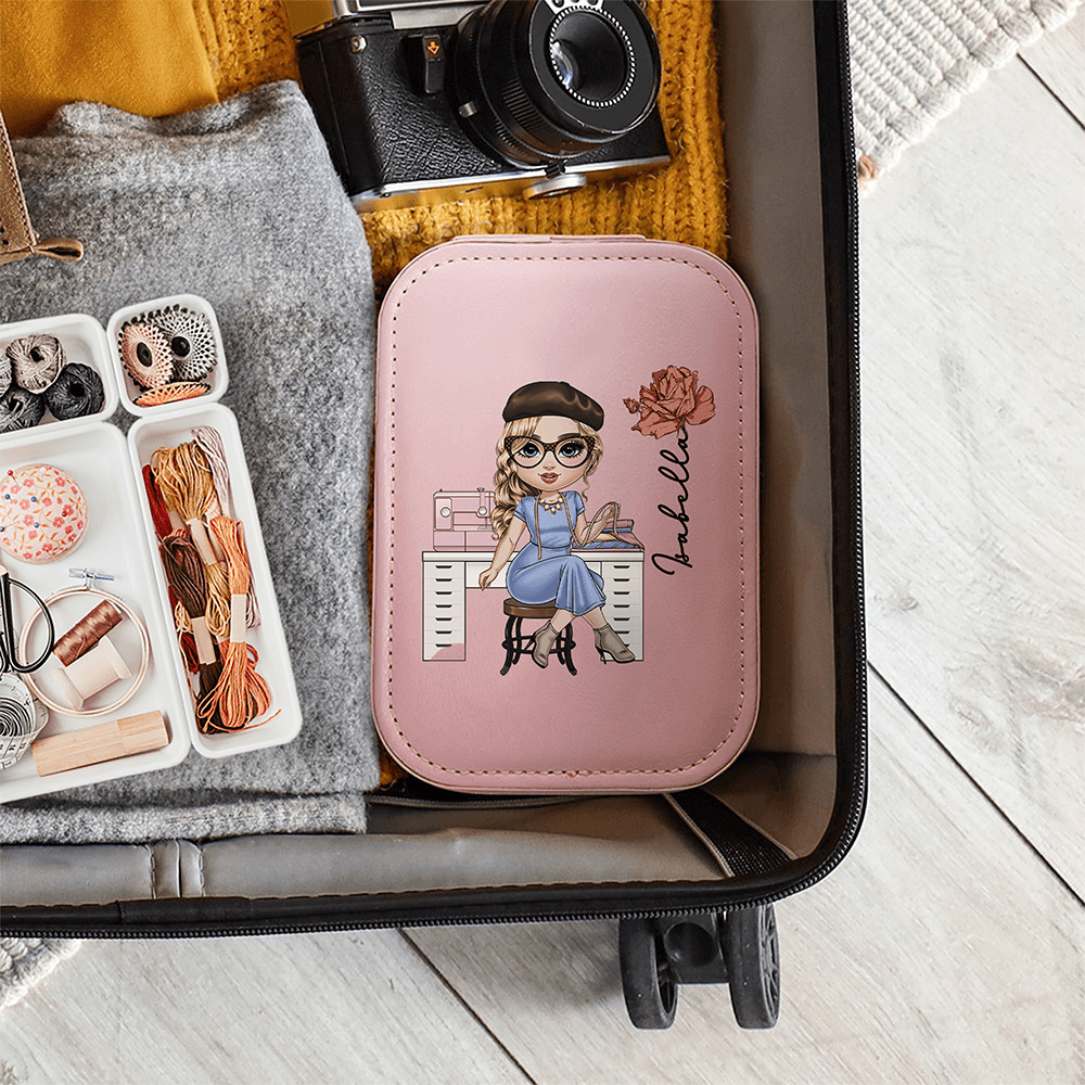 Custom Birth Flower and Name Cartoon Sewing Character Makeup Jewelry Box with Three-Color LED Light Mirror, Travel Accessory, Gift for Sewing Lover