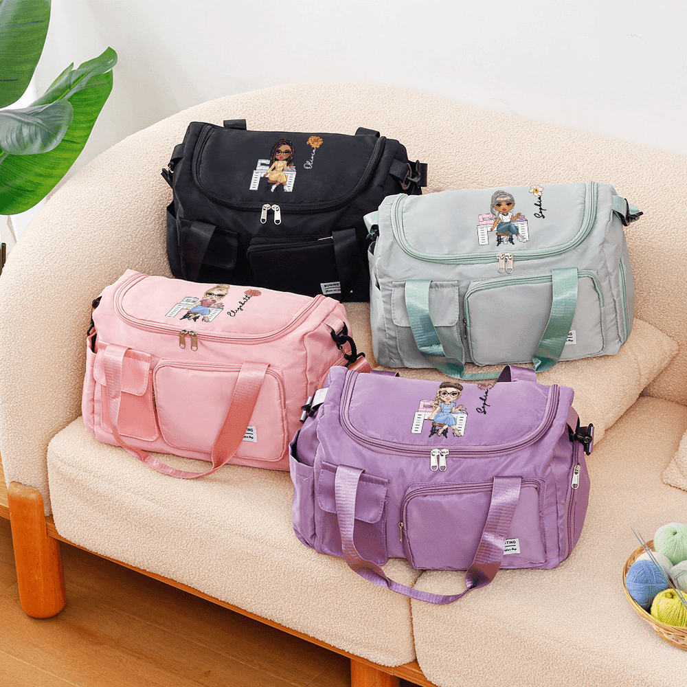 Custom Cartoon Sewing Character Travel Duffle Bag with Birth Flower and Name, Multi-compartment Weekend Bag with Strap, Gift for Sewing Lover