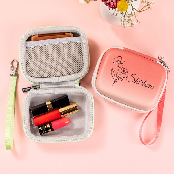 Personalized Birth Flower Handheld PU Leather Portable Storage Box with Name and Lanyard Travel Accessories Wedding Birthday Gift for Women Girls