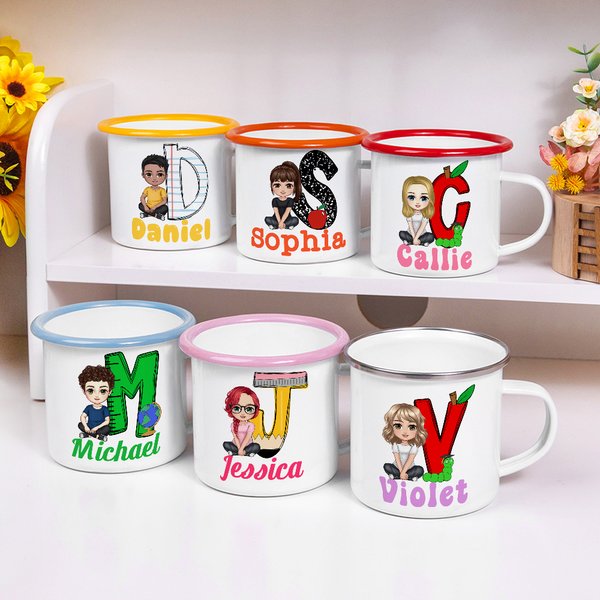 Personalised Cartoon Character 12 oz Coloured Rim Enamel Mug with Name and Initial Birthday Back to School Travel Gift for Friend Family Kids