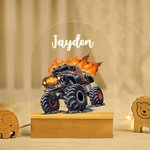 Personalized Cartoon Big Wheel Off-Road Truck Vehicle Name LED Night Light with Wooden Base and Adjustable 7 Colors Home Decor Birthday Gift for Kids