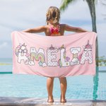 Personalisiertes Strandtuch zum Thema Einhorn-Regenbogen | mit Namen | Schnelltrocknend | Sandabweisend | Sommer Urlaub Geburtstag Geschenk für Kinder