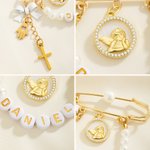 Personalised Cross Guardian Angel Pearl Safety Pin with Bead Name Baby Shower Birthday Gift for Newborn New Mother