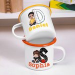 Personalized Cartoon Character 12 oz Colored Rim Enamel Mug with Name and Initial Birthday Back to School Travel Gift for Friend Family Kids