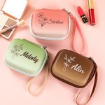 Personalized Birth Flower Handheld PU Leather Portable Storage Box with Name and Lanyard Travel Accessories Wedding Birthday Gift for Women Girls