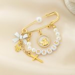 Personalised Cross Guardian Angel Pearl Safety Pin with Bead Name Baby Shower Birthday Gift for Newborn New Mother