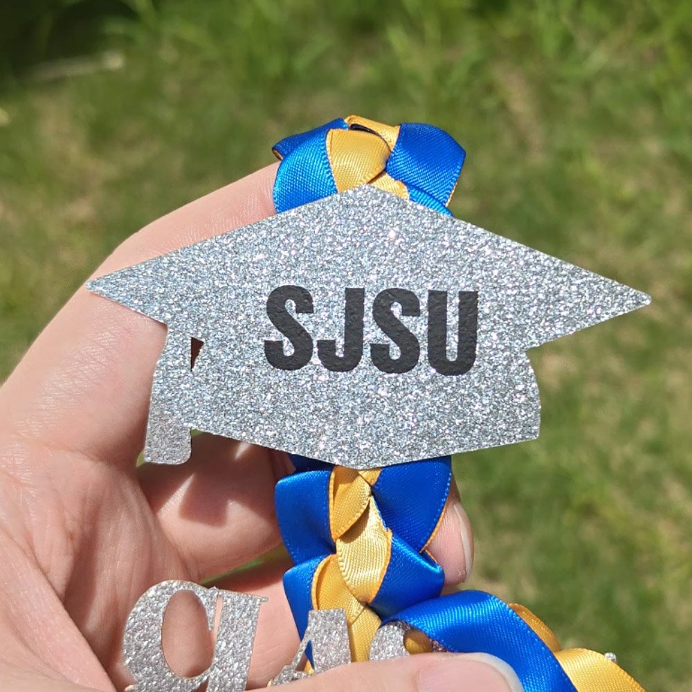 Personalized Two-colored Ribbon Braided Lei with Glitter Grad Cap Tag and Name Graduation Gift for Graduates 4