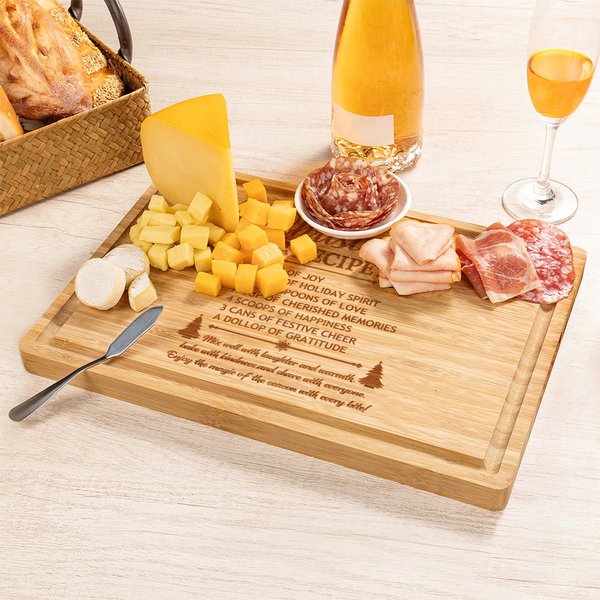 Gepersonaliseerde gegraveerde kerst recept bamboe snijplank met sap groef Housewarming huwelijksgeschenk voor familie vriend