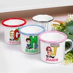 Personalized Cartoon Character 12 oz Colored Rim Enamel Mug with Name and Initial Birthday Back to School Travel Gift for Friend Family Kids