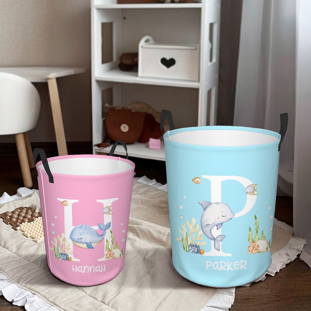 Panier à linge imperméable avec poignée Personnalisé Nom de l'animal océanique Décoration de la chambre d'enfant Cadeau de pendaison de crémaillère Cadeau d'anniversaire pour les enfants 4