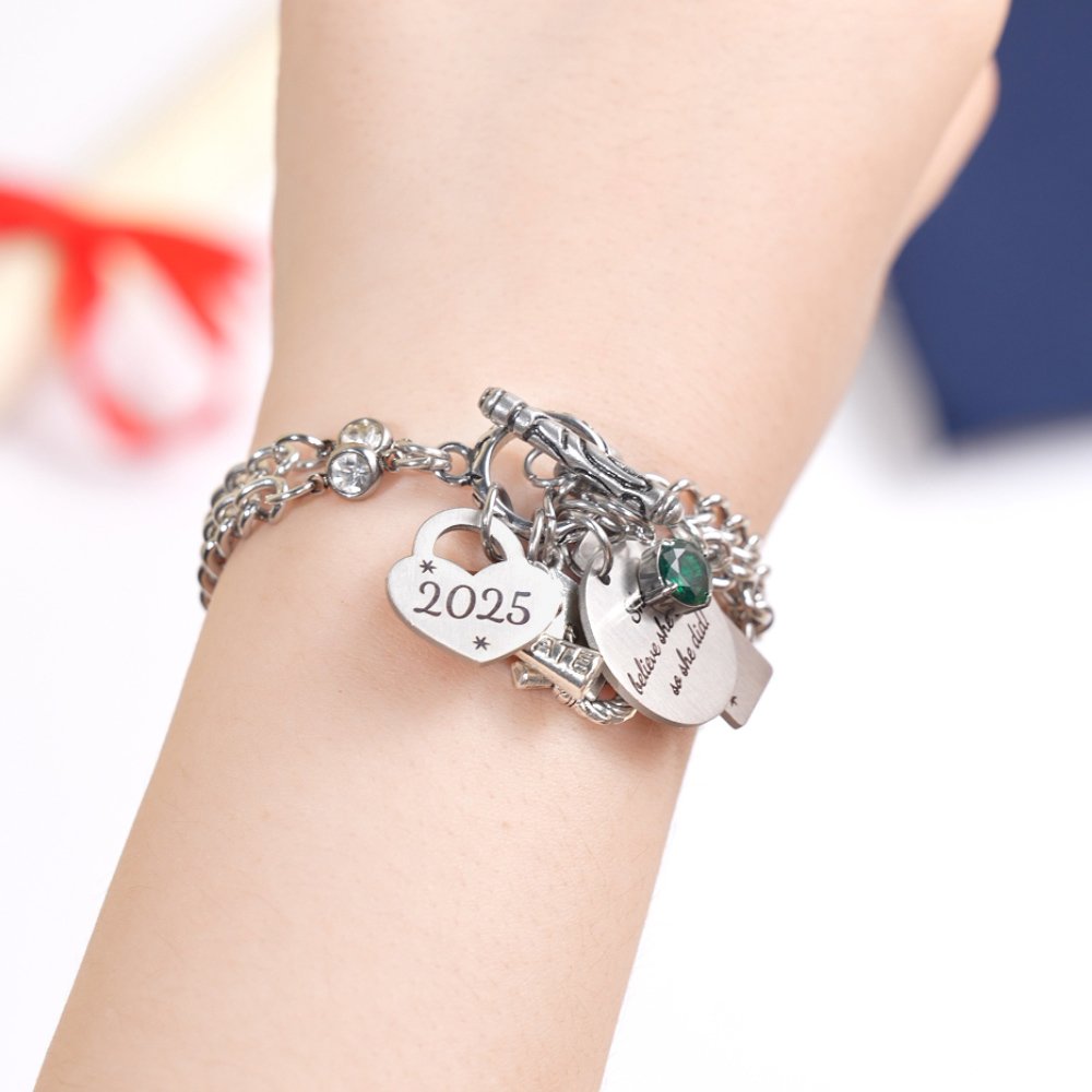 Personalized Bachelor Cap Birthstone Graduation Charm Bracelet with Engraved Year and Name Graduation Birthday Gift for High School College Graduates 3