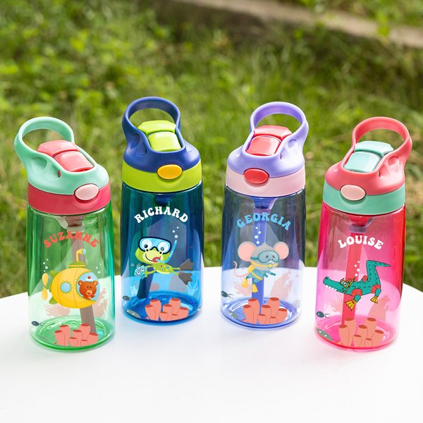 Henkilökohtainen söpö apina Sloth Bunny Diving Animal 16oz Kid nimi vesipullo kahvalla ja silikoni olki syntymäpäivä loma lahja pojille tytöille