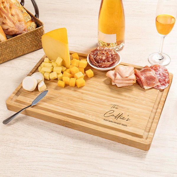 Personalized Name Date FSC Bamboo Engraving Charcuterie Cutting Board with Juice Groove Wedding Housewarming Christmas Gift for Family