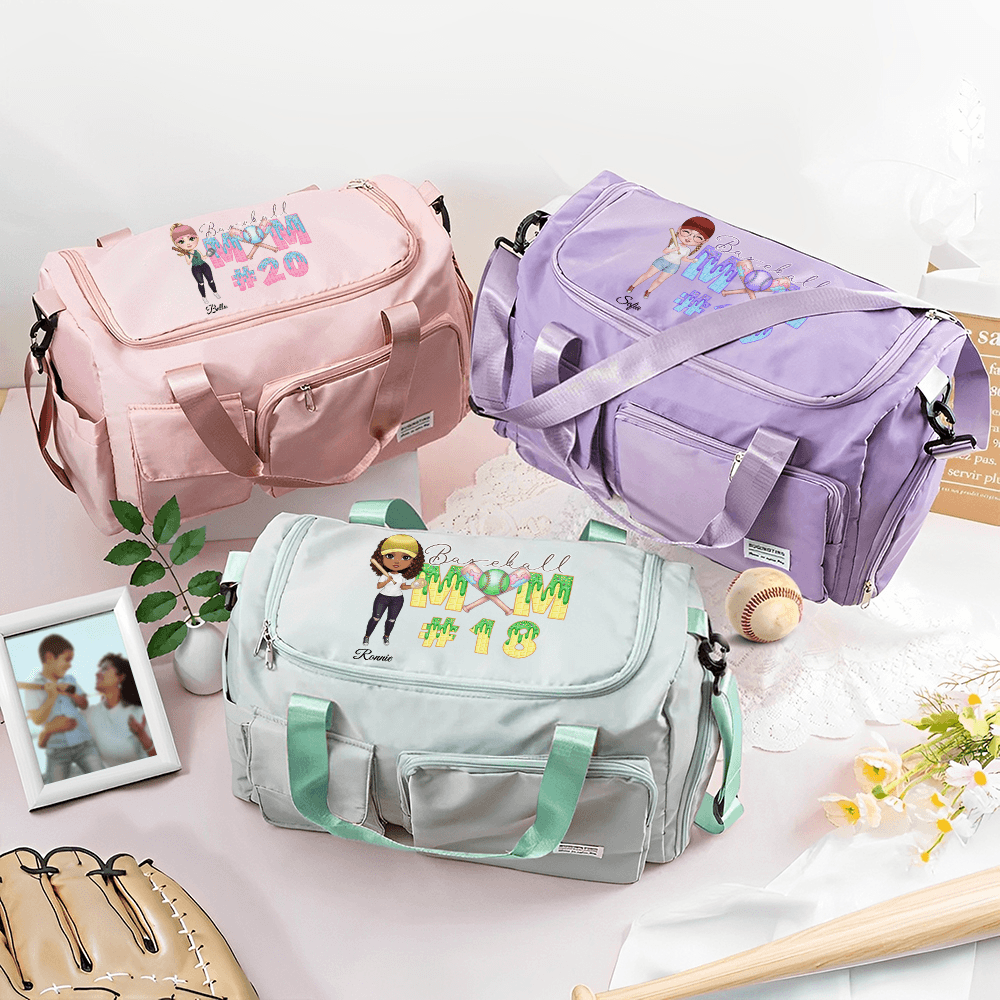 Custom Baseball Mom Weekend Bag with Melting Ice Cream Letter & Number, Multi-compartment Waterproof Travel Duffel Bag, Gift for Baseball Family/Fan
