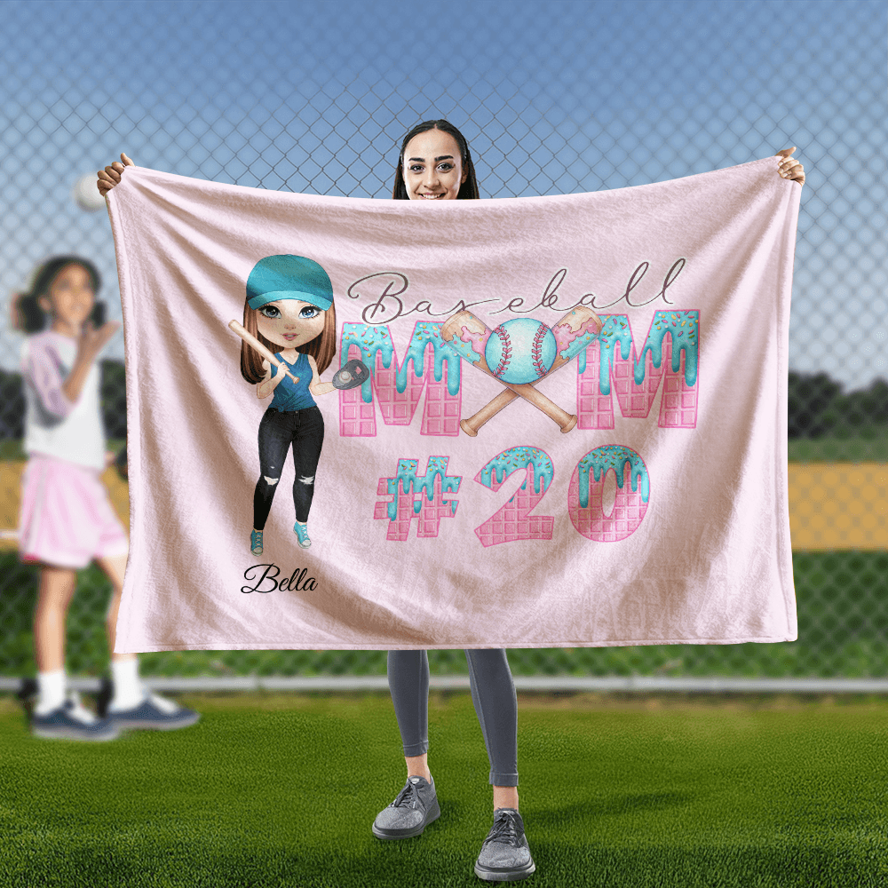 Personalized Baseball Mom Ice Cream Drip Blanket with Name & Number, Sports Throw Blanket for Couch/Bedroom, Gift for Baseball Family/Fan