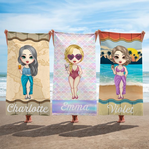 Personalized Cartoon Character Quick Dry Oversized Beach Towel with Name Summer Vacation Essentials Beach Party Birthday Gift for Women