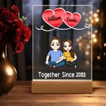 Personalizzato Insieme dall'anno Cartoon Couple LED Night Light con nomi e base in legno Home Decor Anniversary Birthday Gift for Couples