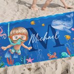 Gepersonaliseerd Cartoon Duiker Sneldrogend Oversized Strandlaken met Naam en Initiaal Zomervakantie Strandfeest Verjaardagscadeau voor Kinderen