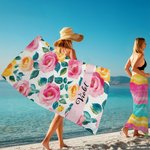 Personalized Watercolor Floral Stripe Soft Quick Dry Beach Towel with Name Beach Party Summer Vacation Gift for Women