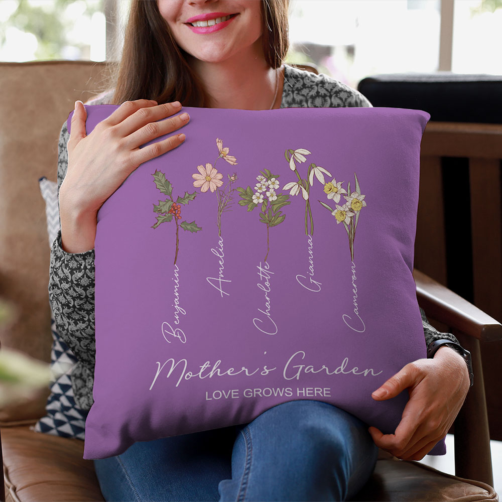 Personalised Cushion Cover with 1-8 Names Watercolour Family Birth Flower Painting Pillow Covers Home Decor Gift for Grandma Mother