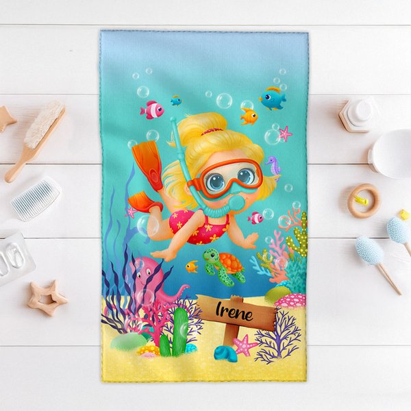 Serviette de Bain Personnalisée avec Nom et Dessin à Thème de Plongée Cadeau Anniversaire Vacances pour Enfant