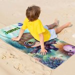 Personalized Underwater World Marine Animals Yacht Cartoon Character Soft Quick Dry Beach Towel with Name Summer Vacation Party Birthday Gift for Kids