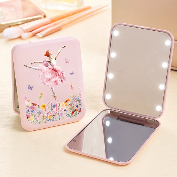 Gepersonaliseerde Waterverf Ballet Meisje Geboortebloem LED Dubbelzijdige Compacte Make-up Spiegel met Naam Reis Accessoires Verjaardagscadeau voor Ballerina