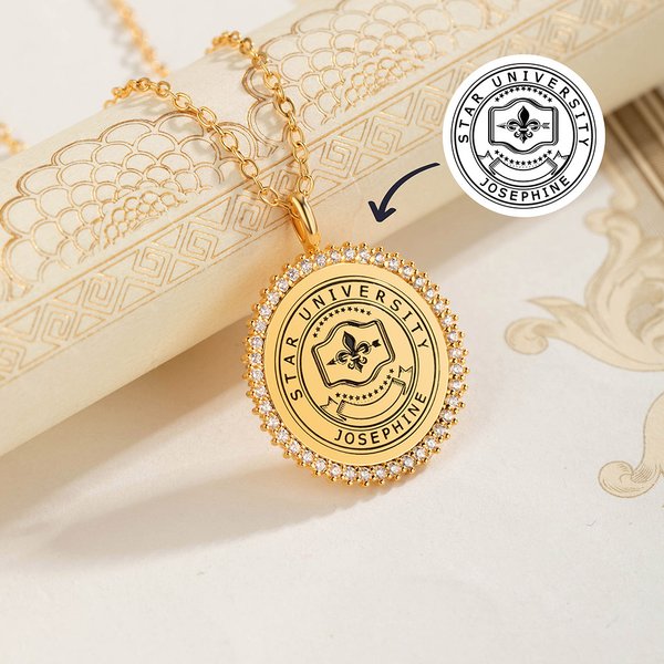 Personalised Engraved School Badge Zircon Edging Necklace with Text Dainty Jewellery Celebration Graduation Gift for Women Graduates