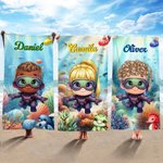 Personalized Underwater World Marine Animals Yacht Cartoon Character Soft Quick Dry Beach Towel with Name Summer Vacation Party Birthday Gift for Kids