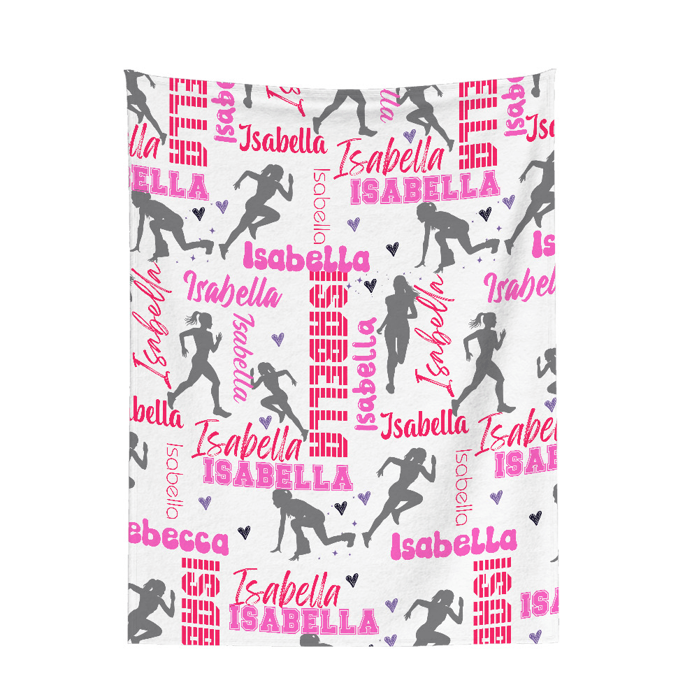 Personalized Running Girl Silhouette Name Cloud Blanket, Cozy Throw Blanket for Sporty Girls, Gift for Runners/Track Athletes/Sports Lovers