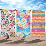 Personalized Watercolor Floral Stripe Soft Quick Dry Beach Towel with Name Beach Party Summer Vacation Gift for Women