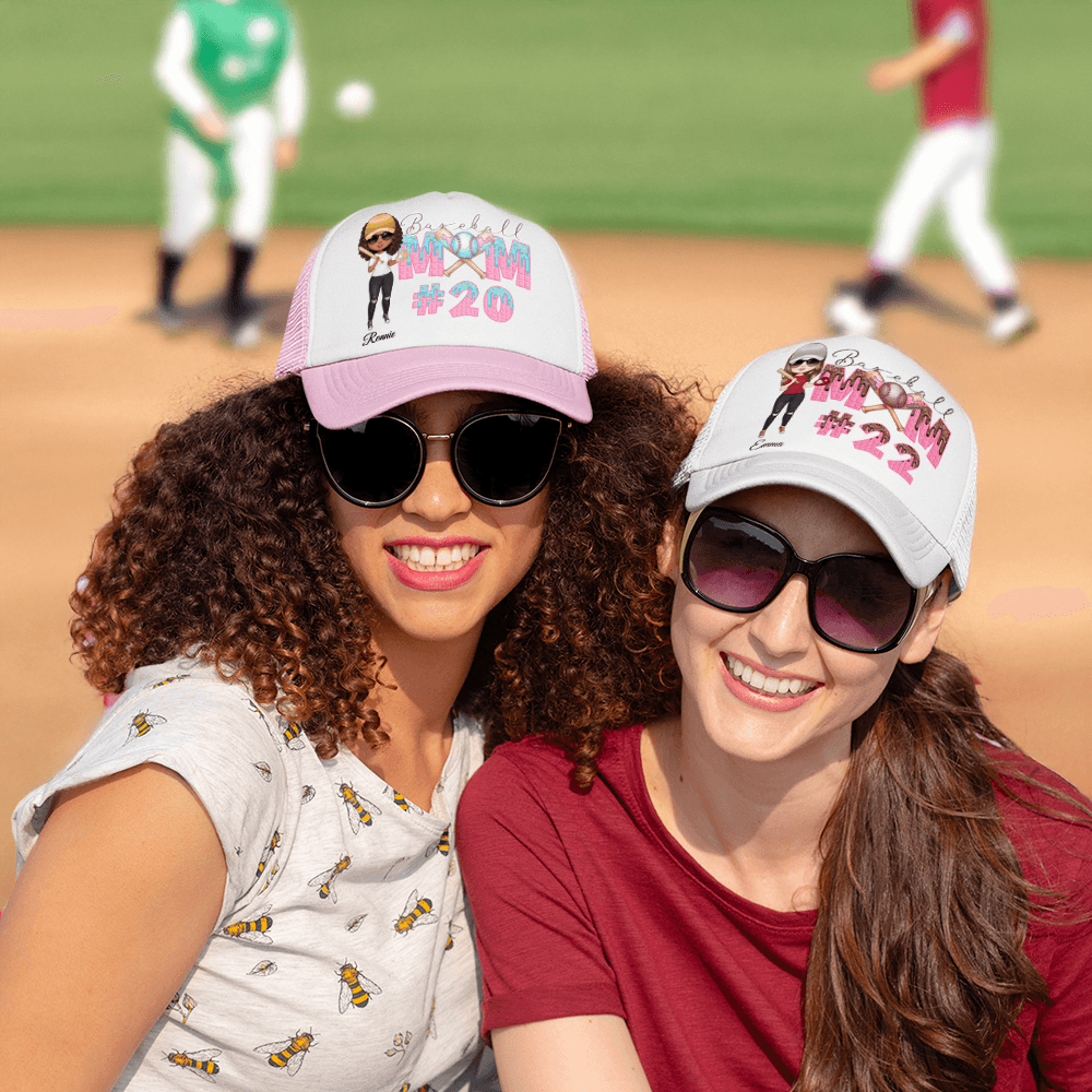 Personalized Cartoon Baseball Mom Cap with Ice Cream Drip Name and Number, Outdoor Sun Hat with Adjustable Back Buckle, Gift for Baseball Family/Fan