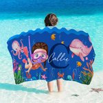 Gepersonaliseerd Cartoon Duiker Sneldrogend Oversized Strandlaken met Naam en Initiaal Zomervakantie Strandfeest Verjaardagscadeau voor Kinderen