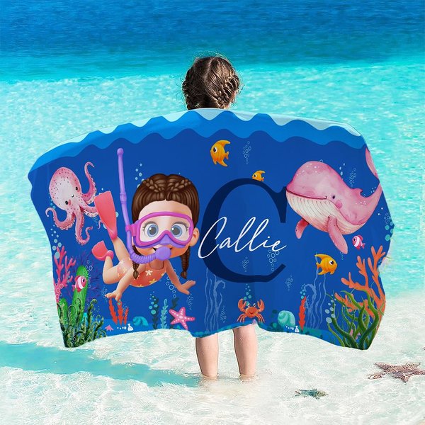 Gepersonaliseerd Cartoon Duiker Sneldrogend Oversized Strandlaken met Naam en Initiaal Zomervakantie Strandfeest Verjaardagscadeau voor Kinderen