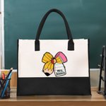 Personalized Apple Pen Bow Canvas Large Tote Bag with Name Travel Accessories Teacher's Day Appreciation Birthday Gift for Teachers