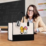 Personalized Apple Pen Bow Canvas Large Tote Bag with Name Travel Accessories Teacher's Day Appreciation Birthday Gift for Teachers