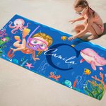Gepersonaliseerd Cartoon Duiker Sneldrogend Oversized Strandlaken met Naam en Initiaal Zomervakantie Strandfeest Verjaardagscadeau voor Kinderen