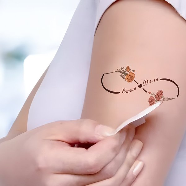 Personalized Waterproof Non-toxicity Birth Flower Infinity Symbol Temporary Tattoos with Names Party Favor Anniversary Wedding Gift for Family Friends