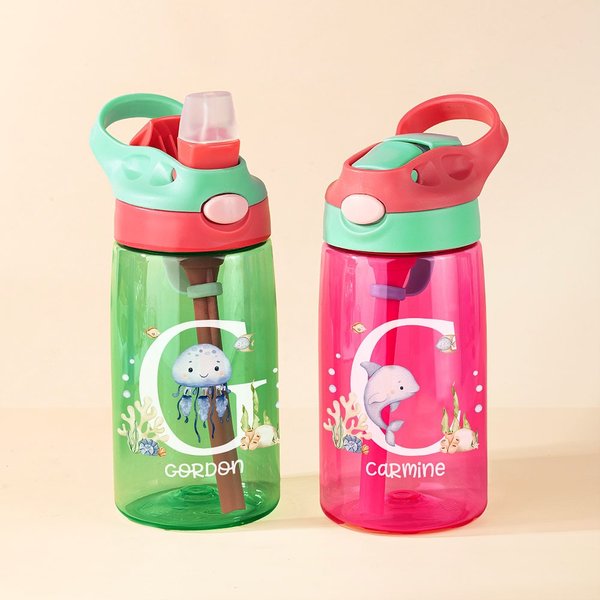 Personalized Cute Marine Animal Initial 16 oz Kid Water Bottle with Name and Silicone Straw Birthday Back to School Gift for Boys Girls