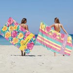 Personalized Watercolor Floral Stripe Soft Quick Dry Beach Towel with Name Beach Party Summer Vacation Gift for Women