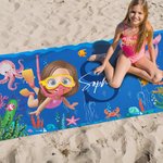 Gepersonaliseerd Cartoon Duiker Sneldrogend Oversized Strandlaken met Naam en Initiaal Zomervakantie Strandfeest Verjaardagscadeau voor Kinderen