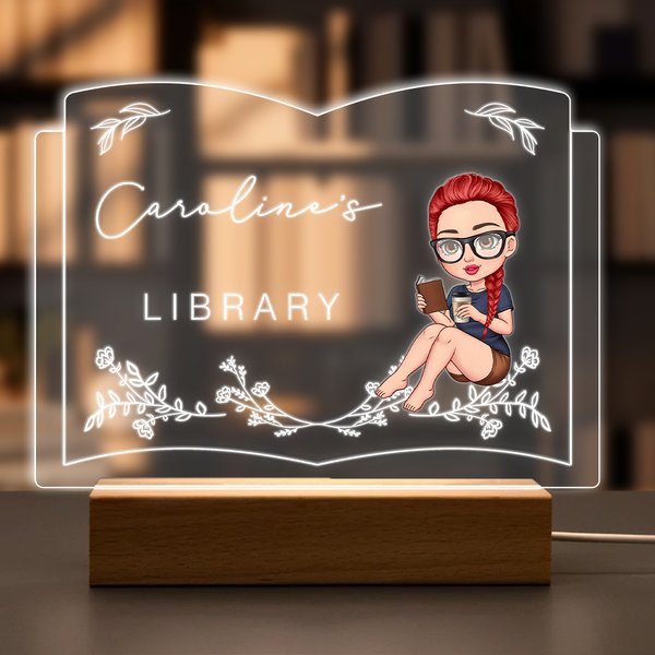 Personalized Floral Cartoon Reading Character Book-Shaped LED Night Light with Name and Wooden Base Home Decor Birthday Gift for Reading Lovers
