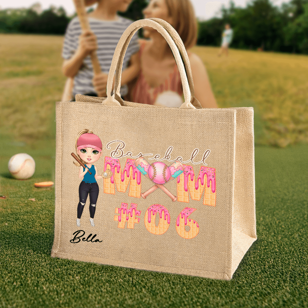 Personalized Cartoon Baseball Mom Large Jute Bag with Melting Ice Cream Name and Number, Sports Essentials, Gift for Baseball Family/Fans