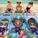 Personalized Underwater World Marine Animals Yacht Cartoon Character Soft Quick Dry Beach Towel with Name Summer Vacation Party Birthday Gift for Kids