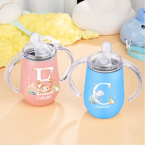 Spersonalizowany kubek niekapek z imieniem i uchwytem Cute Marine Animal Initial 10oz z izolacją spożywczą Baby Shower Birthday Gift for Kids